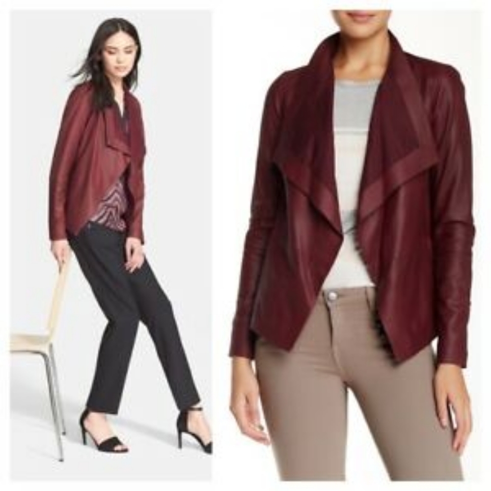 VINCE Leather Burgundy Red Drape Neck Open Jacket Size XS - Picture 2 of 10